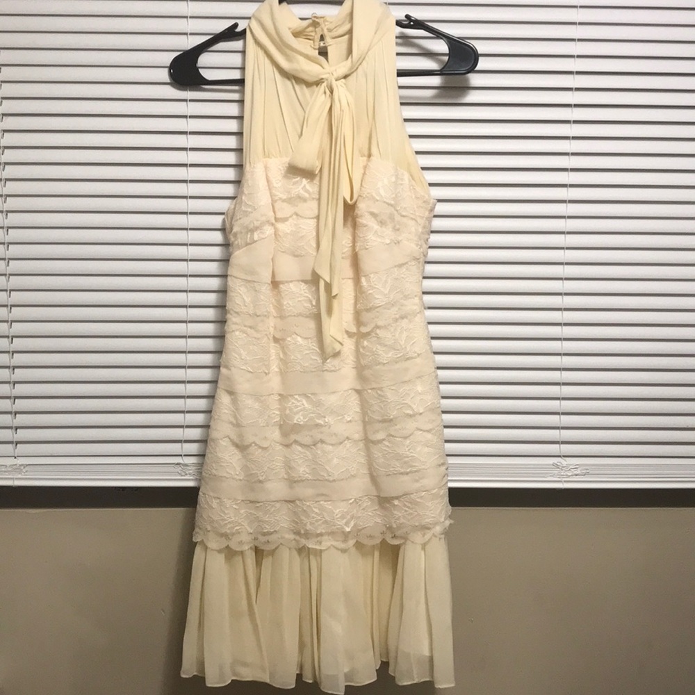 off-white high neck lace dress with pleat detail